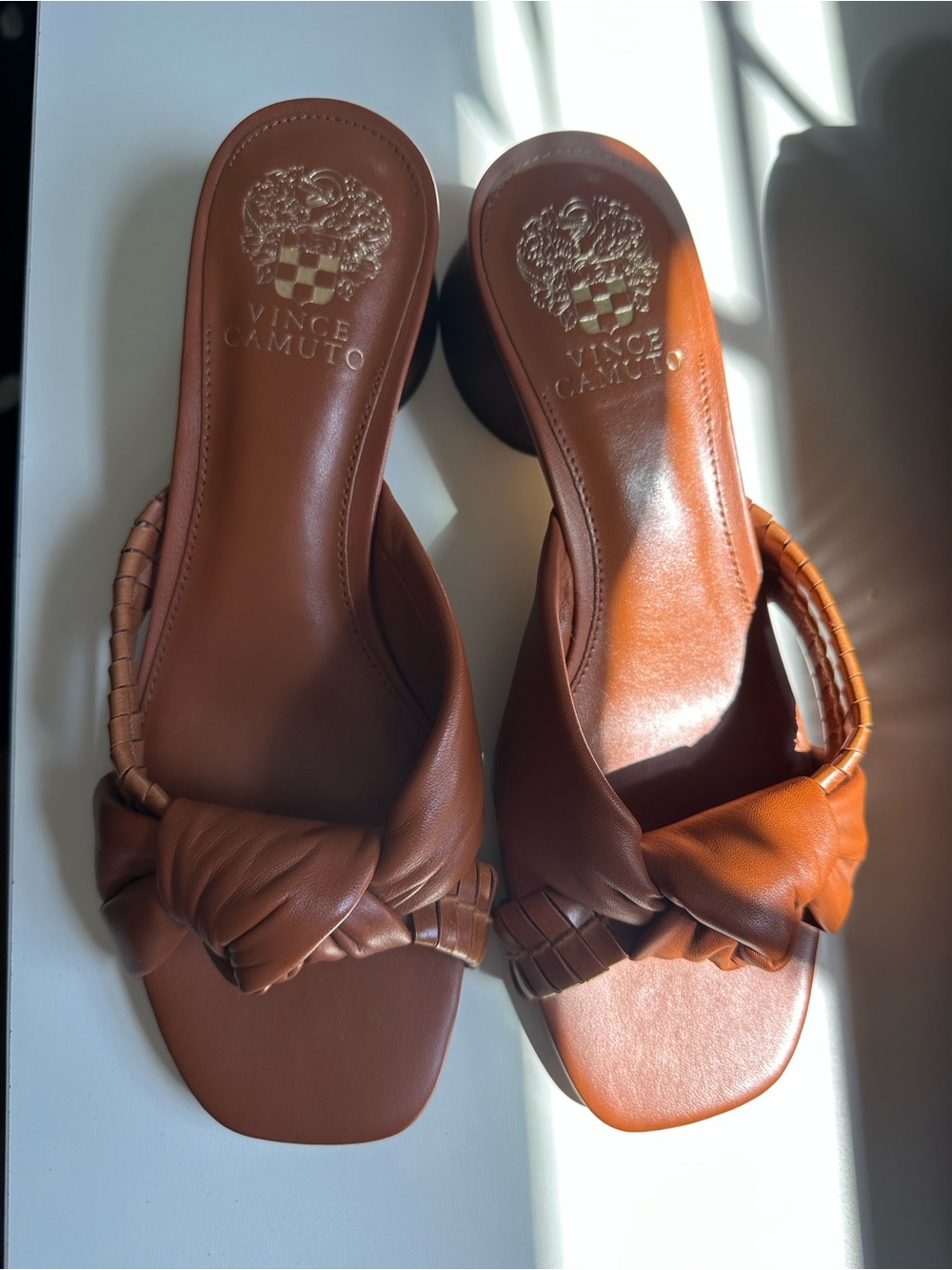 Vince Camuto Cognac Brown Knotted Leather Slide Sandals